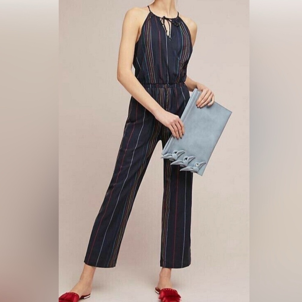Dolan Navy multicolor stripe jumpsuit with halter neck. From Anthropologie
